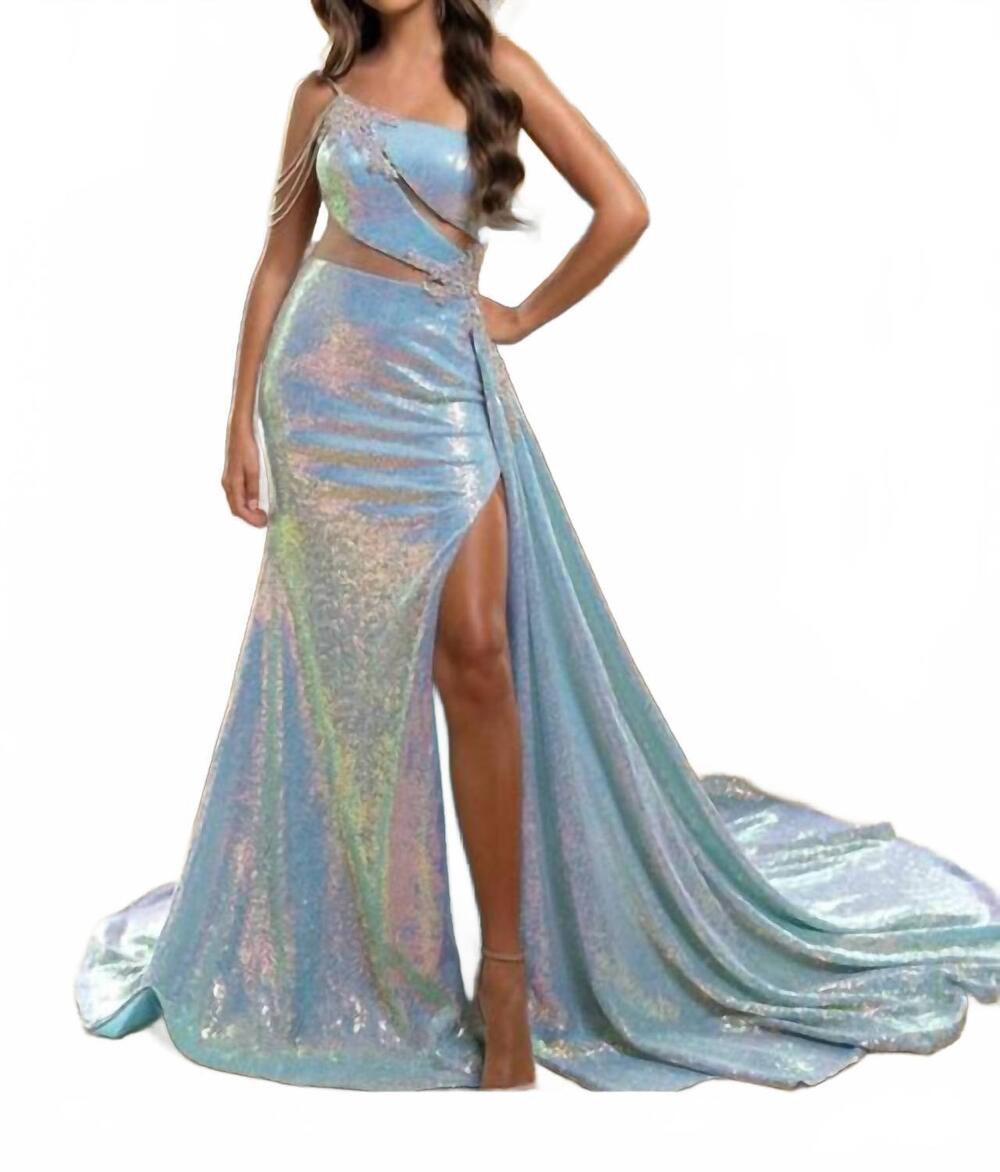 NEW RACHEL ALLAN one-shoulder iridescent shimmer sequin prom gown in powder blue